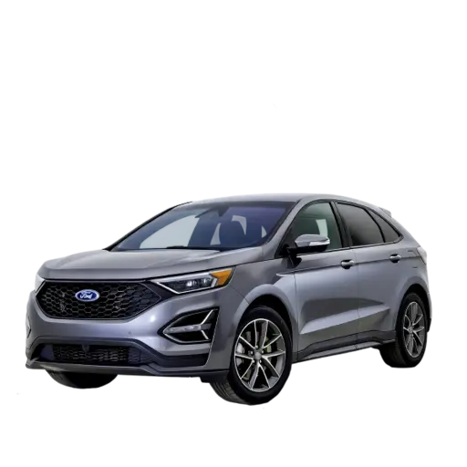 A silver Ford Edge SUV with a distinctive hexagonal grille, sleek LED headlights, black accents, and 20-inch alloy wheels, posed against a black background.