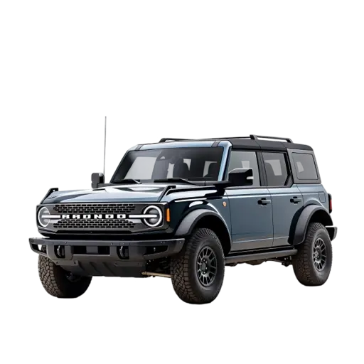 A blue Ford Bronco SUV with off-road tires, prominent grille, LED headlights, and rugged styling, displayed on a black background.