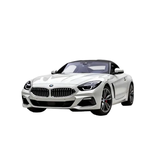 A white BMW Z4 sports car with a convertible top, prominent kidney grille, sleek headlights, and red brake calipers, displayed against a black background.