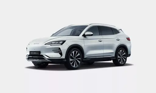 White BYD Seal U electric SUV shown in a three-quarter front view against a plain white background. The modern crossover features sleek aerodynamic styling, distinctive LED headlights, a closed-off front grille typical of EVs, black lower bumper accents, dual-tone multi-spoke alloy wheels, and chrome window trim. Perfect for e-commerce automotive catalog showcasing premium electric vehicle design.