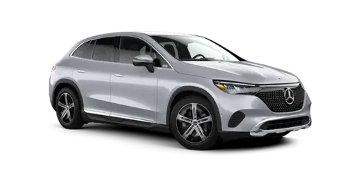 A silver Mercedes-Benz EQB electric SUV with black accents, prominent grille, and alloy wheels, displayed on a black background.