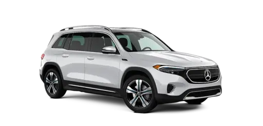 A white Mercedes-Benz EQB electric SUV with roof rails, alloy wheels, and black accents, displayed on a transparent background.