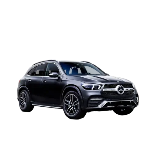 A sleek black Mercedes-Benz GLE SUV with a panoramic sunroof, prominent front grille, alloy wheels, and modern styling, displayed against a black background.