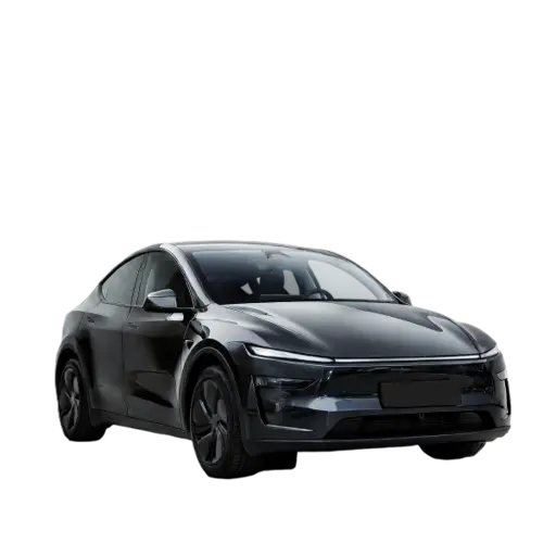 Sleek black Tesla Model 3 electric sedan with modern design, featuring signature LED headlights, aerodynamic body lines, and premium alloy wheels, displayed against a black background for e-commerce catalog.