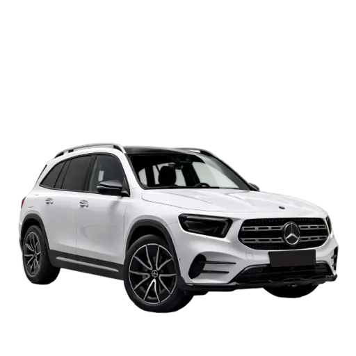 A white Mercedes-Benz GLC-Class SUV with black roof rails, black accents, large alloy wheels, prominent front grille, and sleek modern design.