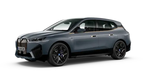 Modern blue-gray BMW iX electric SUV shown in profile view against a black background. This luxury crossover features a sleek aerodynamic design with distinctive BMW kidney grille, slim LED headlights, black lower body cladding, and large multi-spoke alloy wheels with blue center caps. The vehicle displays a European license plate and showcases the sophisticated styling of BMW's all-electric iX model.