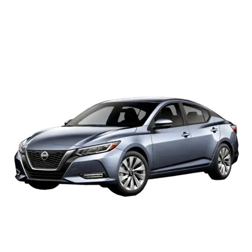 A blue Nissan Sentra sedan with a modern front grille, sleek headlights, and alloy wheels, displayed against a black background.