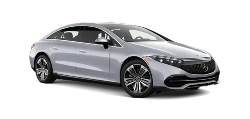Silver Mercedes-Benz EQS luxury electric sedan with sleek aerodynamic design, featuring a distinctive black grille with the Mercedes logo, LED headlights, large multi-spoke alloy wheels, and a streamlined four-door profile against a black background.