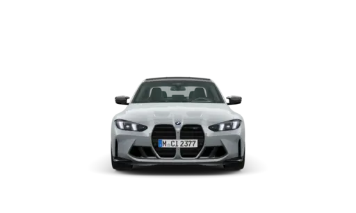 White BMW M3 front view showcasing the iconic kidney grille, sleek LED headlights, and aggressive bumper design. This high-performance luxury sedan features a distinctive BMW emblem and German license plate, captured against a clean black background for optimal product display.
