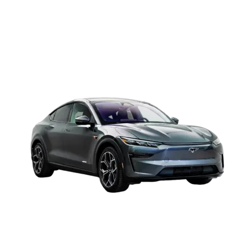 A gray Ford Mustang Mach-E electric SUV with black rims, positioned on a black background, showcasing its front and side profile with distinctive LED headlights and Ford branding.